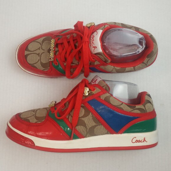 Coach Oriana Multicolor Patent Leather Brown Signature Canvas Sneakers - Picture 1 of 8